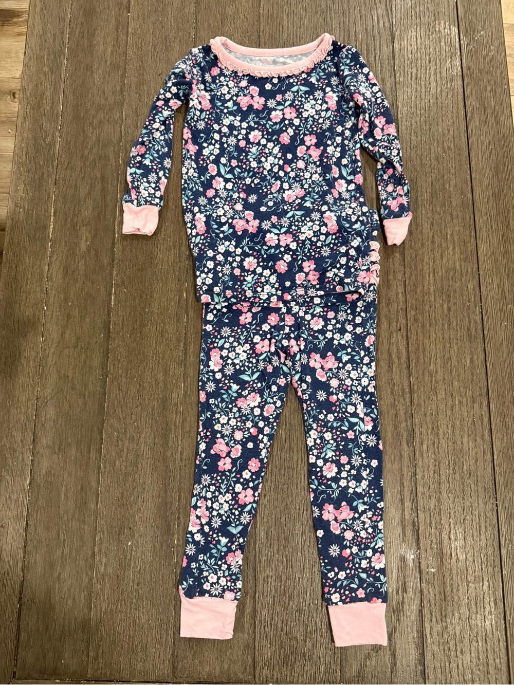 Ruffle Butts Navy Floral Top with Pink Trim